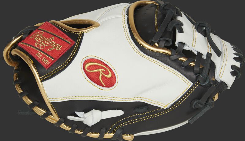 ECCM32-23BW Rawlings Encore catcher's mitt with a white thumb, black trim and 1-Piece Solid web with extended web base design