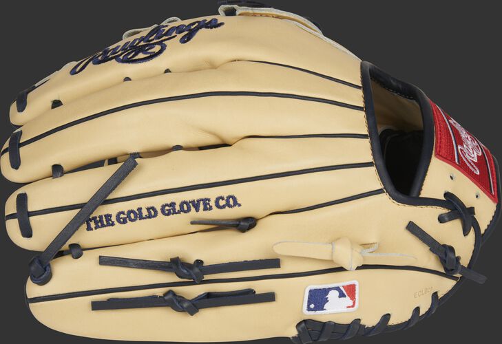 Back of a Rawlings G57 Christian Yelich HOH glove with the MLB logo on the pinky - SKU: RSGPRO3039-CY22