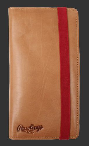 A tan Rawlings universal magnetic phone case with a red elastic closure strap - SKU: RO90006-204