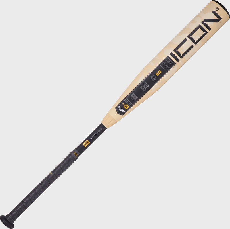 A tan/black 2025 Rawlings Icon -8 USA Baseball bat with the Icon logo on the barrel