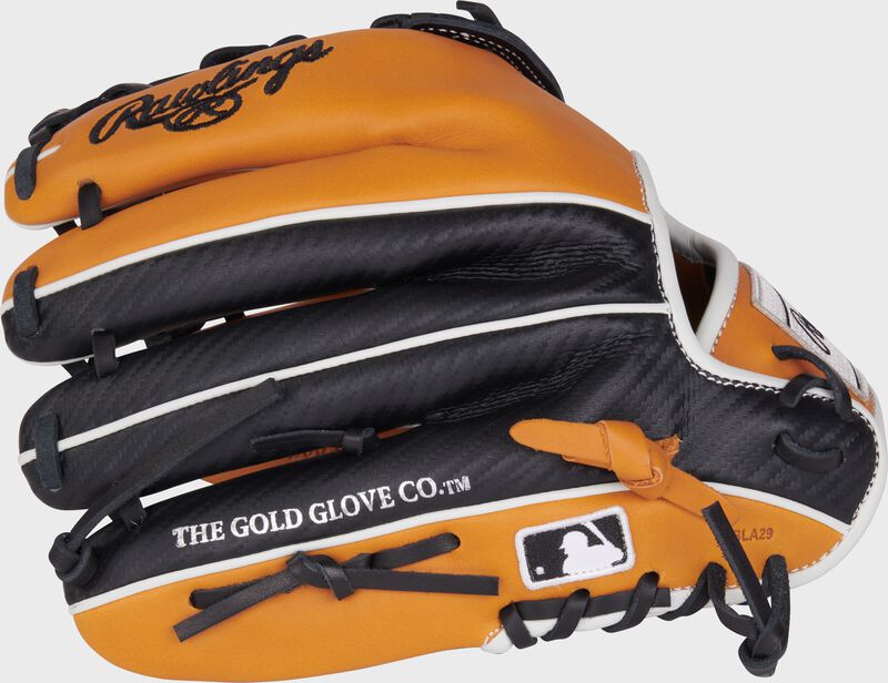 Black/tan back of a NXT Series 11.75" H-web glove with the MLB logo on the pinky
