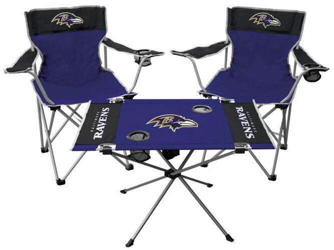 Front of Rawlings Purple NFL Baltimore Ravens 3-Piece Tailgate Kit With Two Kickoff Chairs, An Endzone Table, And A Transport Bag With Team Logo SKU #01041092511