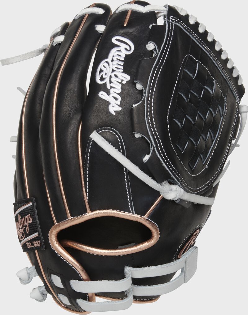 Back of a black Heart of the Hide softball glove with rose gold binding/welting and pull strap back - SKU: PRO120SB-3BRG