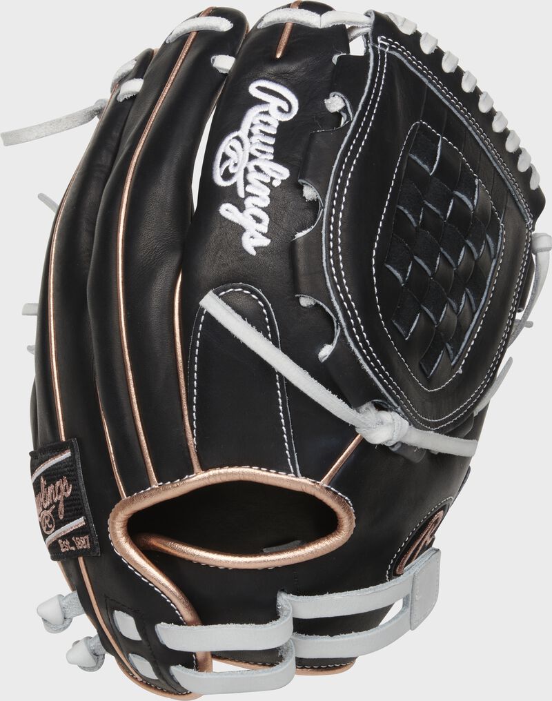 Back of a black Heart of the Hide softball glove with rose gold binding/welting and pull strap back - SKU: PRO120SB-3BRG loading=