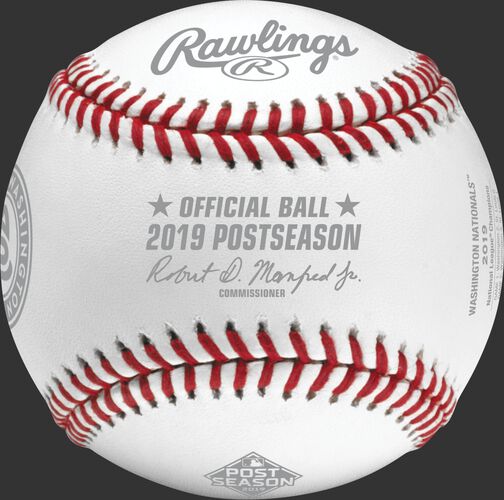 Front of a NLCS19CHMP 2019 Washington Nationals National League Champions baseball with the Official Baseball of MLB stamp
