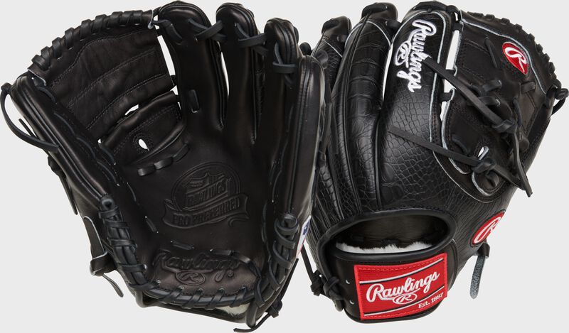 2 views showing the palm/back of a Rawlings croc embossed Jacob deGrom Pro Preferred glove - SKU: PROSJD48