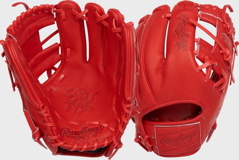 2 views showing the palm & back of a scarlet Heart of the Hide elements glove - SKU: PRO204-2S
