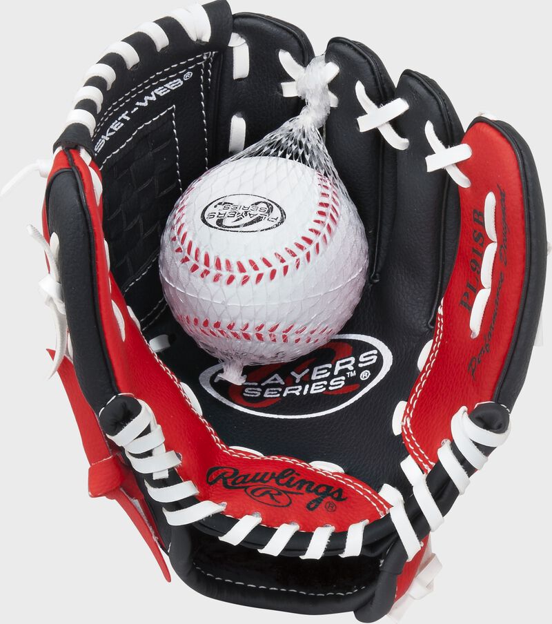 Palm of a Rawlings Players Series glove with a ball in the palm - SKU: MEIPL91SB