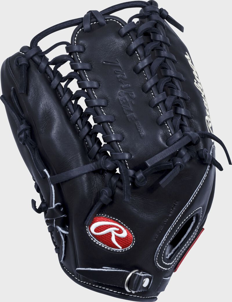 Thumb of a left hand throw black Pro Preferred 12.75 in outfield glove with a black Trap-Eze web - SKU: PROS601KBPRO-RH