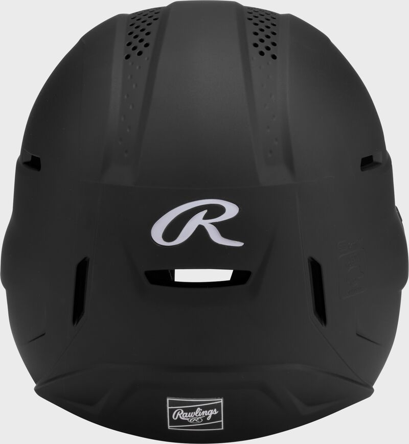 Back of a black Rawlings RX2 fastpitch batting helmet