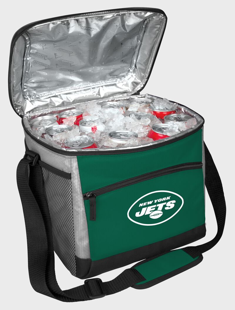 An open New York Jets 24 can cooler with ice and drinks