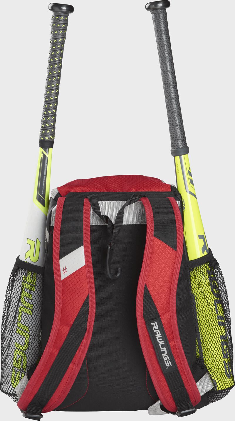 Rear view of a Scarlet Rawlings Youth Players Team Backpack with two bats | SKU:R400-S loading=