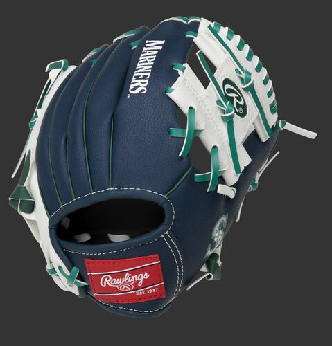 Back of a navy/white Seattle Mariners 10-inch I-web glove with a red Rawlings patch - SKU: 22000015111