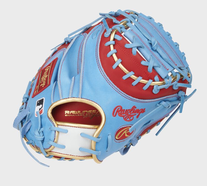 Columbia blue back of a Heart of the Hide 34-Inch catcher's mitt with scarlet trim - SKU: PROYM4SCB loading=