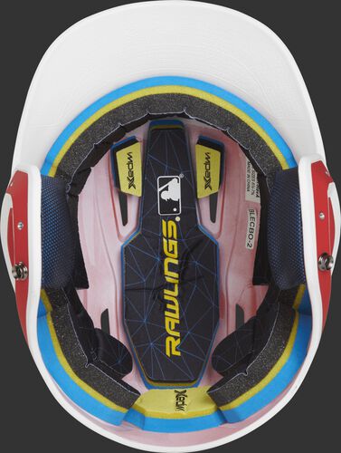 Inside of a Rawlings MACH baseball helmet with IMPAX durable foam padding
