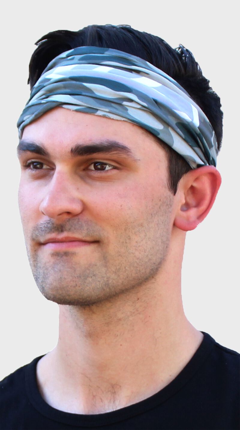 Front left-side view of Rawlings Adult Multi-Functional Head and Face Gear, Camo on head - SKU: RC40004-500