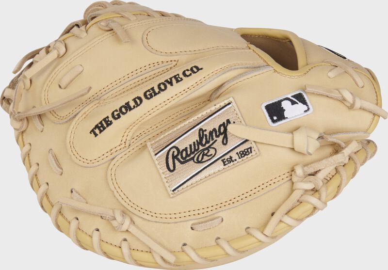 Back of a camel HOH R2G 33" catcher's mitt with a camel Rawlings patch and MLB logo - SKU: RSGPRORCM33C