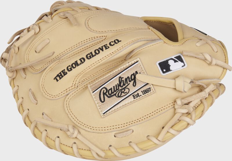 Back of a camel HOH R2G 33" catcher's mitt with a camel Rawlings patch and MLB logo - SKU: RSGPRORCM33C loading=