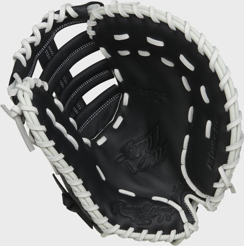 Black palm of a Rawlings Shut Out first base mitt with white laces - SKU: RSOFBM12 loading=