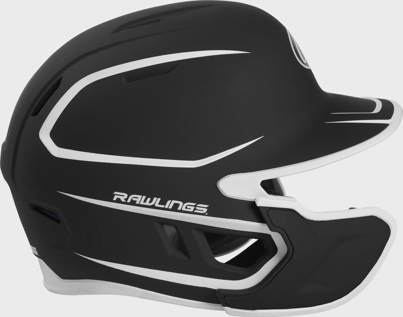 Right side of a two-tone MACHEXTR Rawlings MACH helmet with EXT extension piece for left hand batters