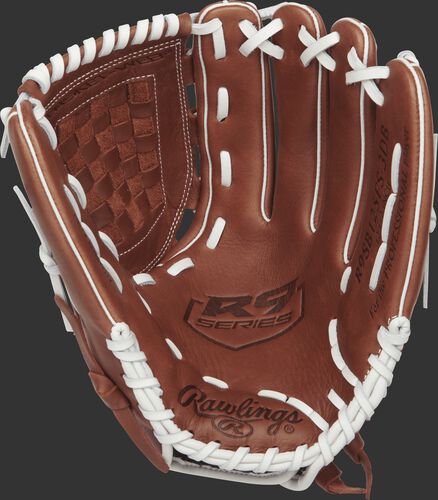 R9SB125FS-3DB Rawlings 12.5-inch softball glove with a brown palm and white laces