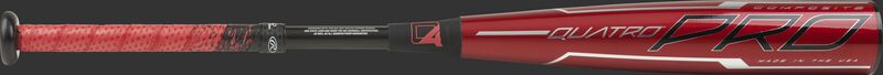 Barrel of a red USZQ10 Rawlings 2020 Quatro Pro -10 USA bat with black/silver accents