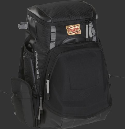 Front right of a black R1000 Rawlings Gold Glove equipment backpack