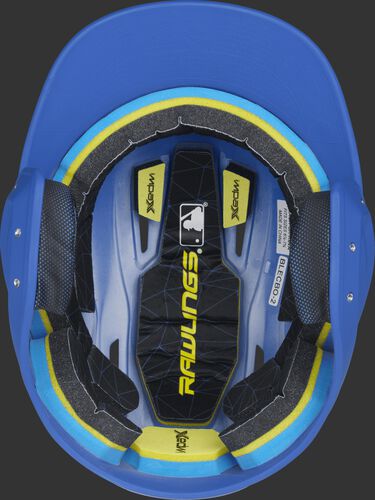 Inside of a Rawlings MACH baseball helmet with IMPAX durable foam padding