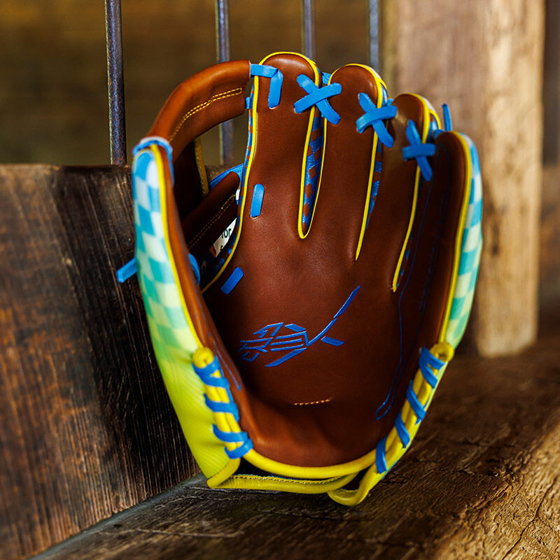 Picture of the palm of a Rawlings Race Day REV1X infield glove at a stable