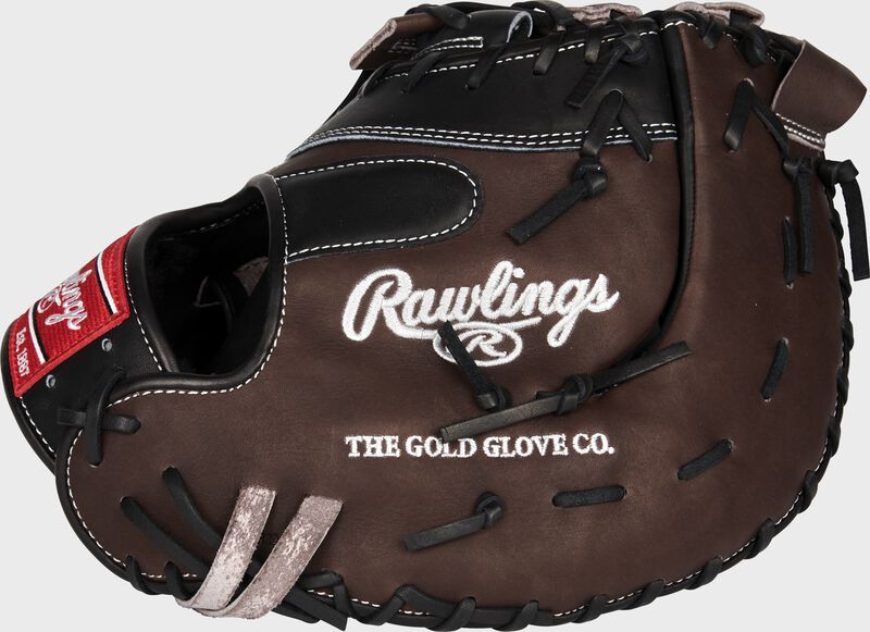 Back of a brown Rawlings HOH first base mitt with a white Rawlings logo embroidered on the back - SKU: PRODCT2TPRO