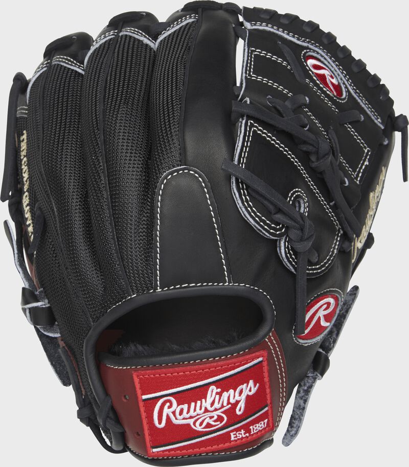Black mesh back of a Rawlings Heart of the Hide 2-Piece solid web glove with a red Rawlings patch - SKU: PRO1000-9PBM