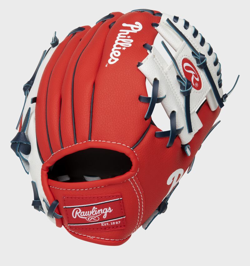 Back of a red/white Philadelphia Phillies 10-inch I-web glove with a red Rawlings patch - SKU: 22000020111