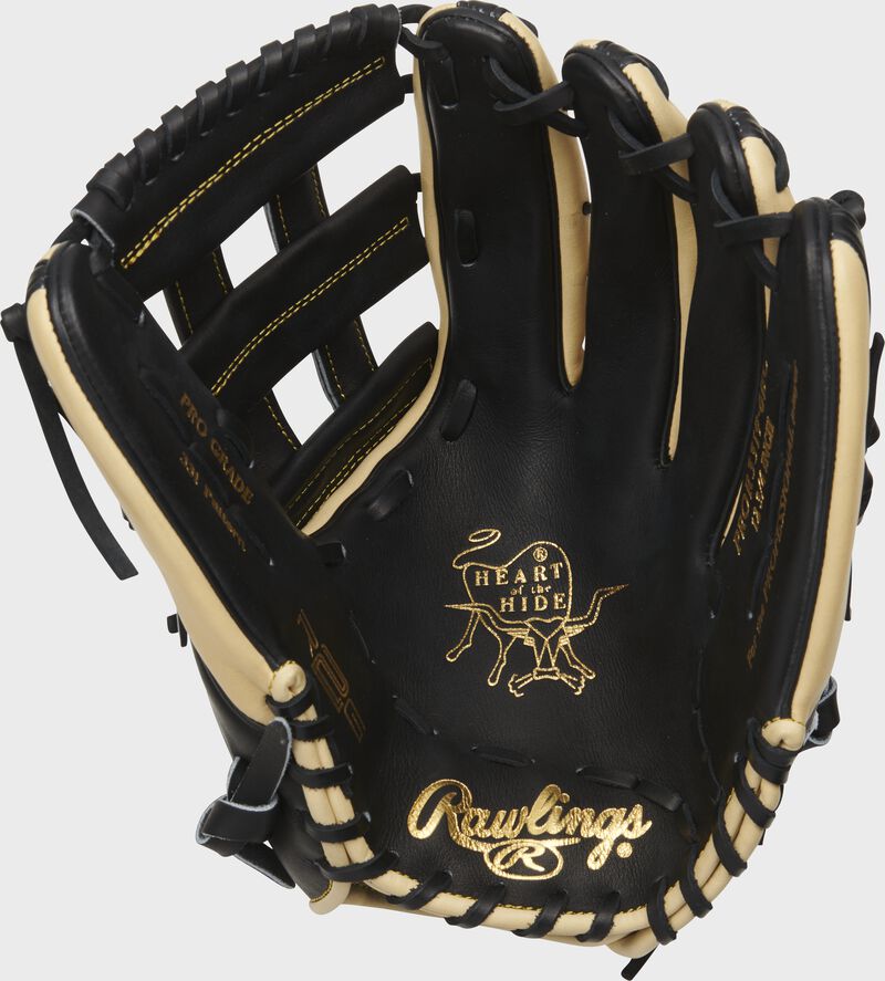 Shell palm view of black and camel 2021 Heart of the Hide R2G 12.75-inch outfield glove