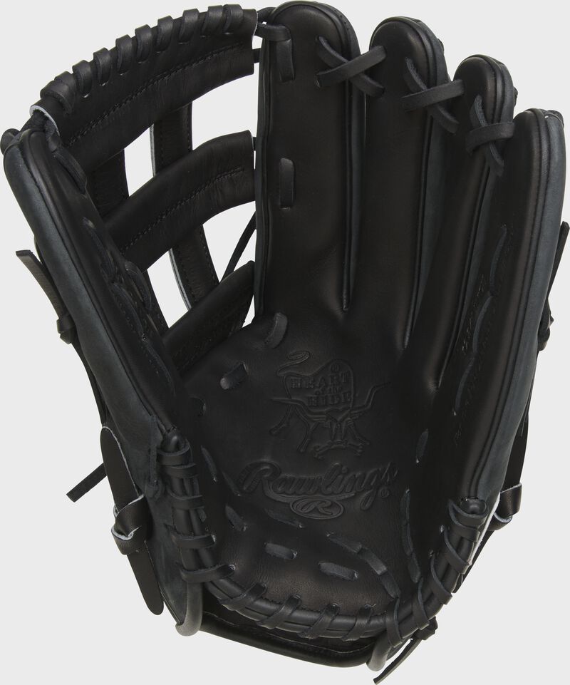 Black palm of a Rawlings Gameday 57 Series Cody Bellinger glove with a black web and black laces - SKU: PRO442-CB35 loading=