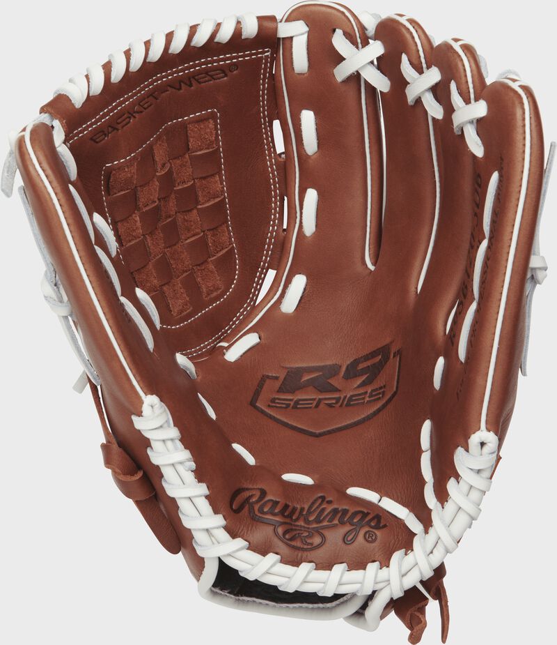 R9SB120-3DB Rawlings 12-inch softball glove with a brown palm and white laces