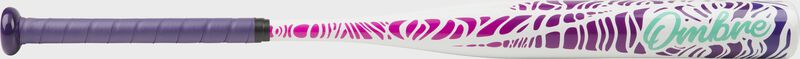 Barrel of a white FPZO11 Rawlings 2020 Ombre fastpitch softball bat with purple and pink accents