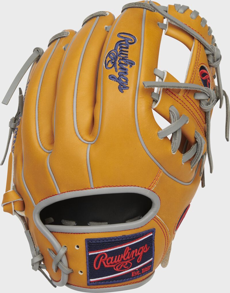 Back of a tan 11.5" Heart of the Hide R2G I-web glove with a navy Rawlings patch - SKU: PROR314-2T