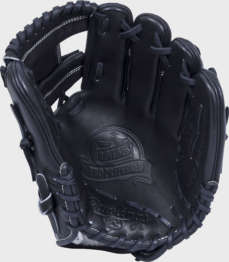 Black palm of a Rawlings Pro Preferred infield glove with a black web and black palm - SKU: PROSNP2KBM