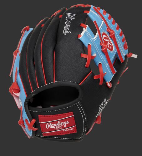 Back of a black/light blue Miami Marlins 10-inch I-web glove with a red Rawlings patch - SKU: 22000016111