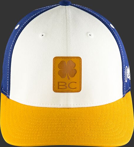 Front of Rawlings White, Yellow, and Blue Black Clover Heart of the Hide Fitted Hat SKU #BC0HOH0071