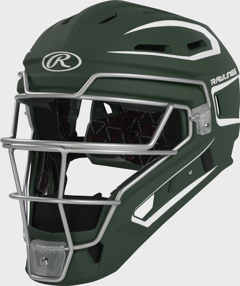 Front left of a dark green Velo 2.0 catcher's helmet