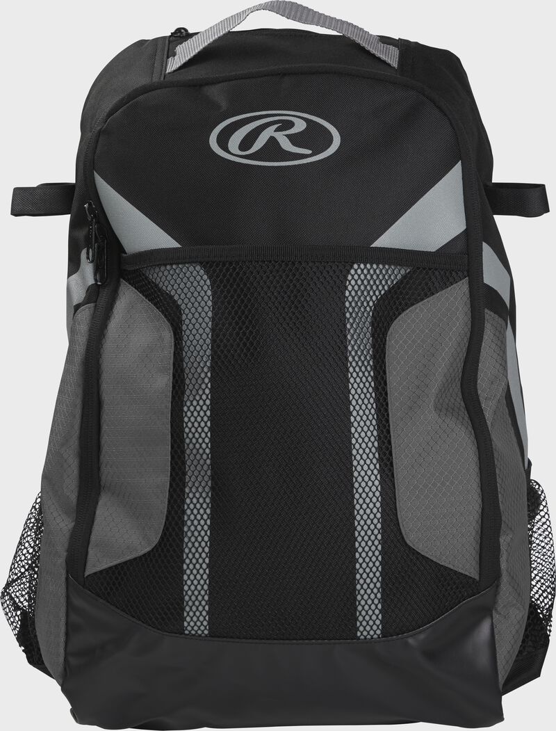 Front of a black/gray Rawlings youth players backpack - SKU: R200-G