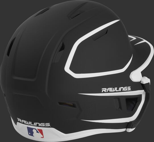 Back right of a two-tone matte black/white MACHEXTR Rawlings junior size batting helmet
