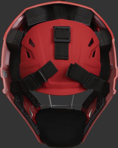 Adjustable back plate of a scarlet CHV27J Velo 2.0 hockey style catcher's mask