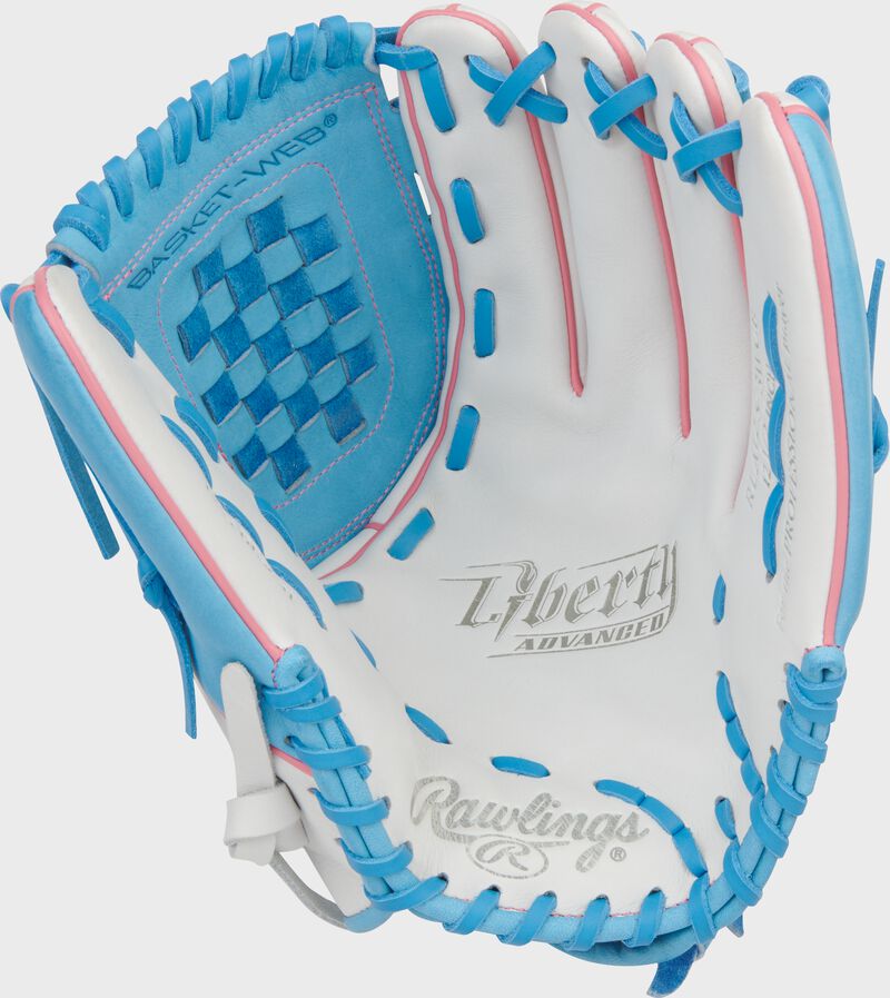 Palm of a white/Columbia blueLiberty Advanced 12.5-inch Fastpitch Softball Glove loading=