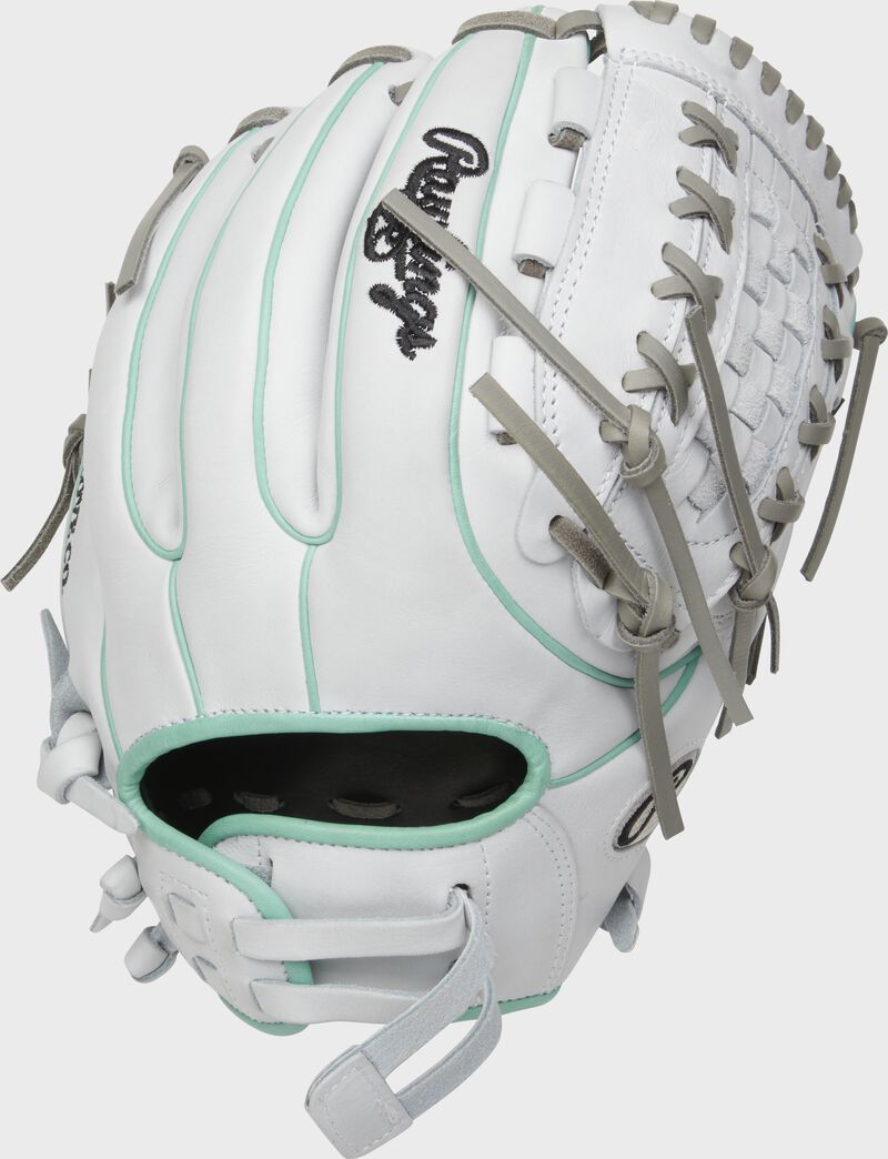 White back of a 2021 HOH 12-Inch softball glove with ocean mint binding/welting and pull strap back - SKU: PRO716SB-18WM