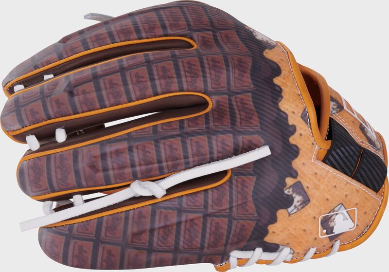 Brown S'mores print back of a REV1X 11.75" S'mores infield glove with the MLB logo on the pinky