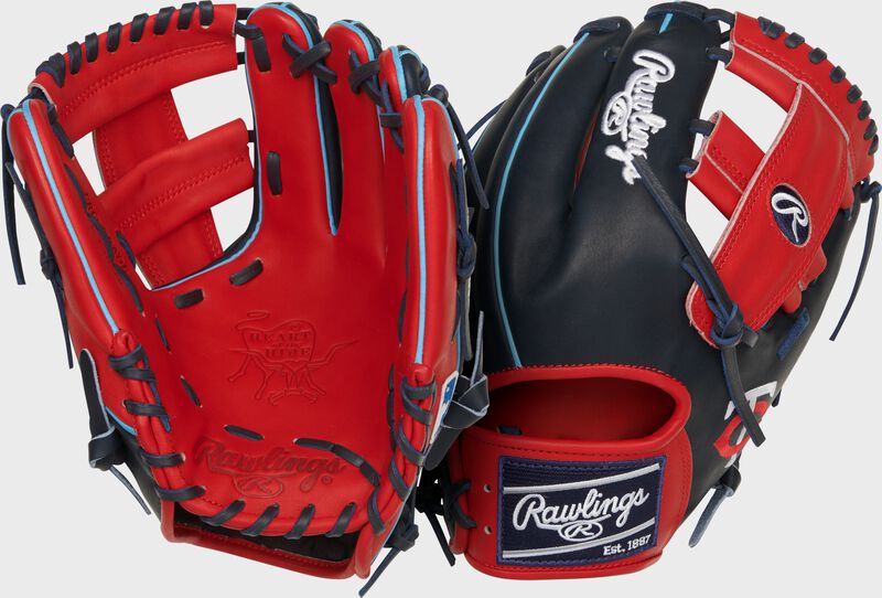 Two images showing the palm & back of a navy/scarlet Minnesota Twins Heart of the Hide glove