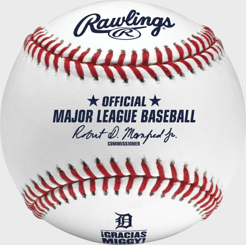 A white MLB Miguel Cabrera final season commemorative baseball - SKU: ROMLBMC23