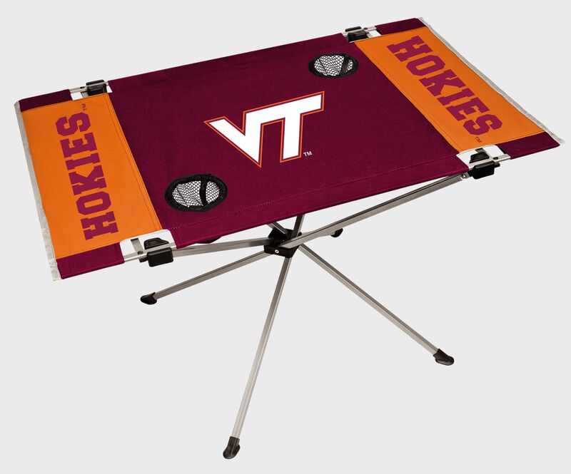 A Virginia Tech Hokies endzone table with a large team logo in the middle loading=